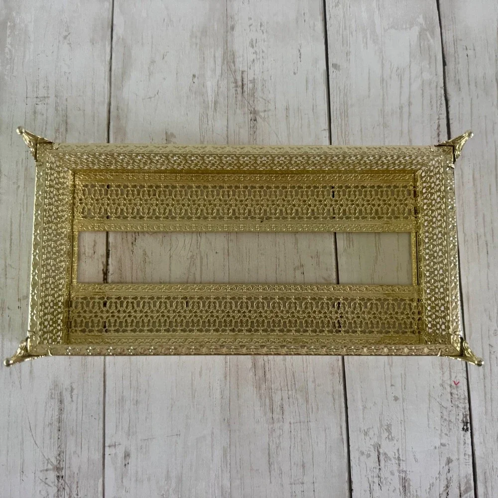 Vintage Gold Filigree Tissue Box Cover Hollywood Regency Metal Footed Ornate MCM